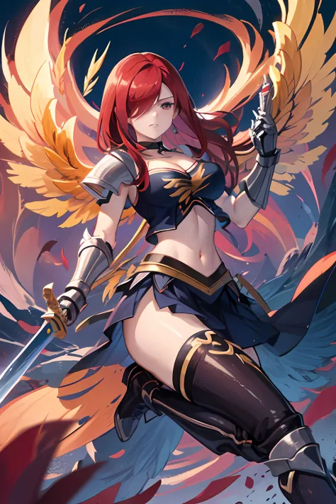 1girl, solo, erza scarlet, fairy tail, red hair, brown eyes, breasts, weapon, sword, holding, long hair, armor, , hair over one eye, dual wielding, wings, large breasts, midriff, choker, looking at viewer, gauntlets, holding weapon, holding sword,full body