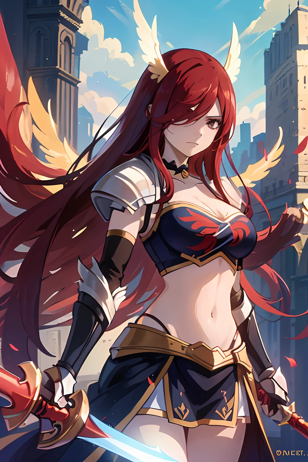 1girl, solo, erza scarlet, fairy tail, red hair, brown eyes, breasts, weapon, sword, holding, long hair, armor, , hair over one eye, dual wielding, wings, large breasts, midriff, choker, looking at viewer, gauntlets, holding weapon, holding sword,full body