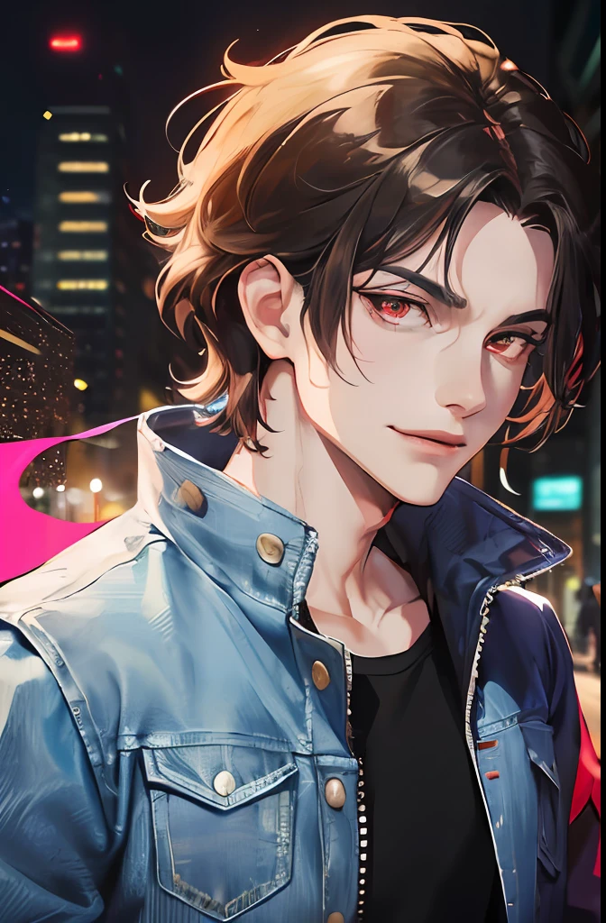 guy with black puffy hair and a street style, wearing a denim jacket poster, red glowing energy around him, smirking, mischief, red eyes (absurdres, highres, ultra detailed, HDR), masterpiece, best quality, epic