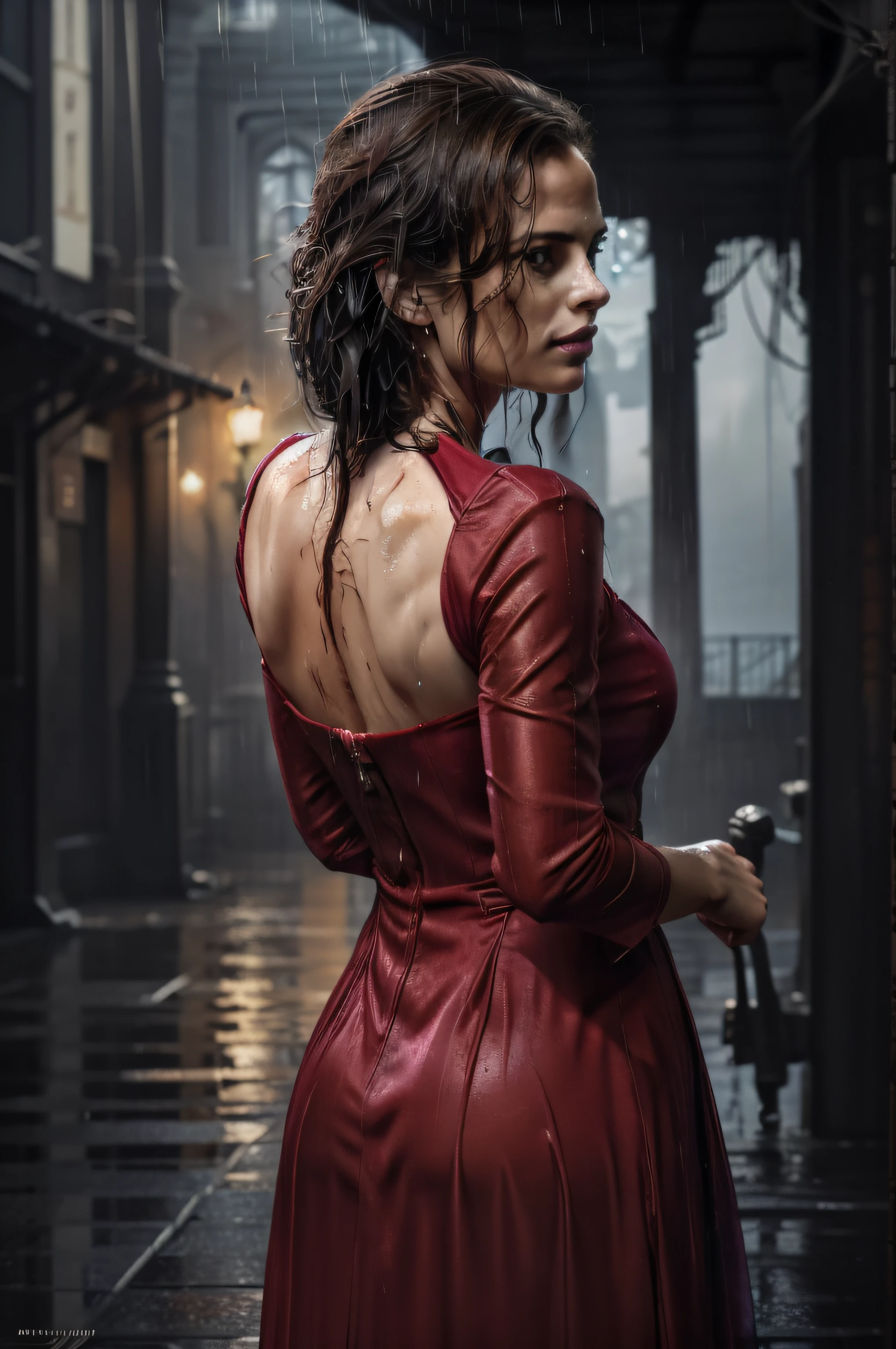 (Thirty year old) woman, standing in the heavy rain, wearing a (long bright red dress:1.2), beautiful legs, (soaked hair:1.2), dreamy photo, dramatic pose, looking straight at camera, soft expression, flirty, slight smile, dark city landscape, crowd of dark strangers, misty, andre kohn, Canon, (Detailed features::1.2), real life. Hayley Atwell, intricate, 8k, highly detailed, (extremely detailed CG unity 8k wallpaper), ((square jaw)), (well defined jaw), (downturned lips), (detailed anatomy), Hyperrealistic full shot body image, trending on CGSociety, Intricate, High Detail, Sharp focus, dramatic, volumetric lighting, digital painting, intense, modelshoot style, (extremely detailed CG unity 8k wallpaper), full shot body photo of the most beautiful artwork in the world, pearl skin, professional majestic oil painting by Ed Blinkey, Atey Ghailan, Studio Ghibli, by Jeremy Mann, Greg Manchess, Antonio Moro, trending on ArtStation, photorealistic painting art by midjourney and greg Rutkowski