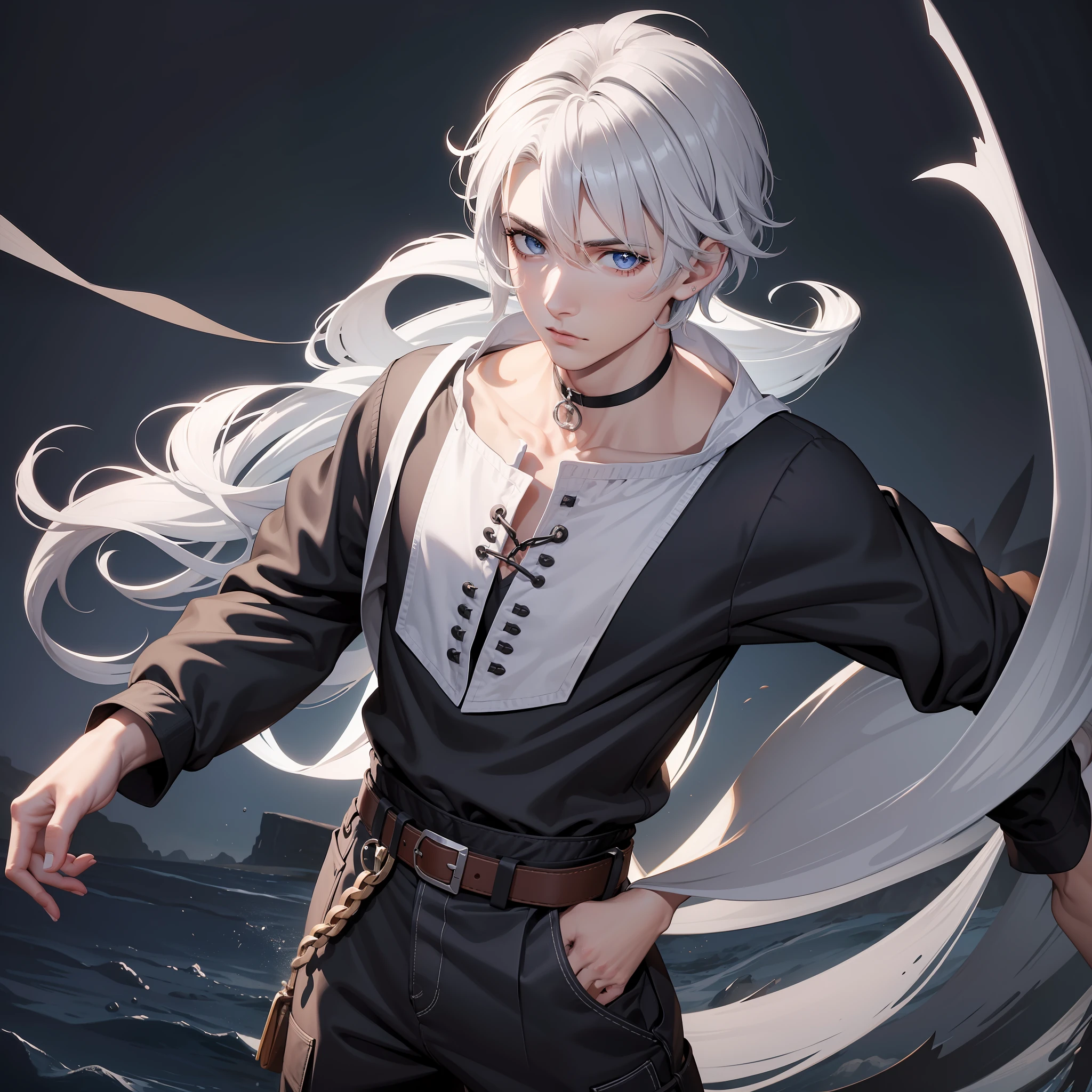 A 23-year-old man with purple eyes and white hair, His clothes are dark and look like a villager's, he has a long sword on the left side of his waist