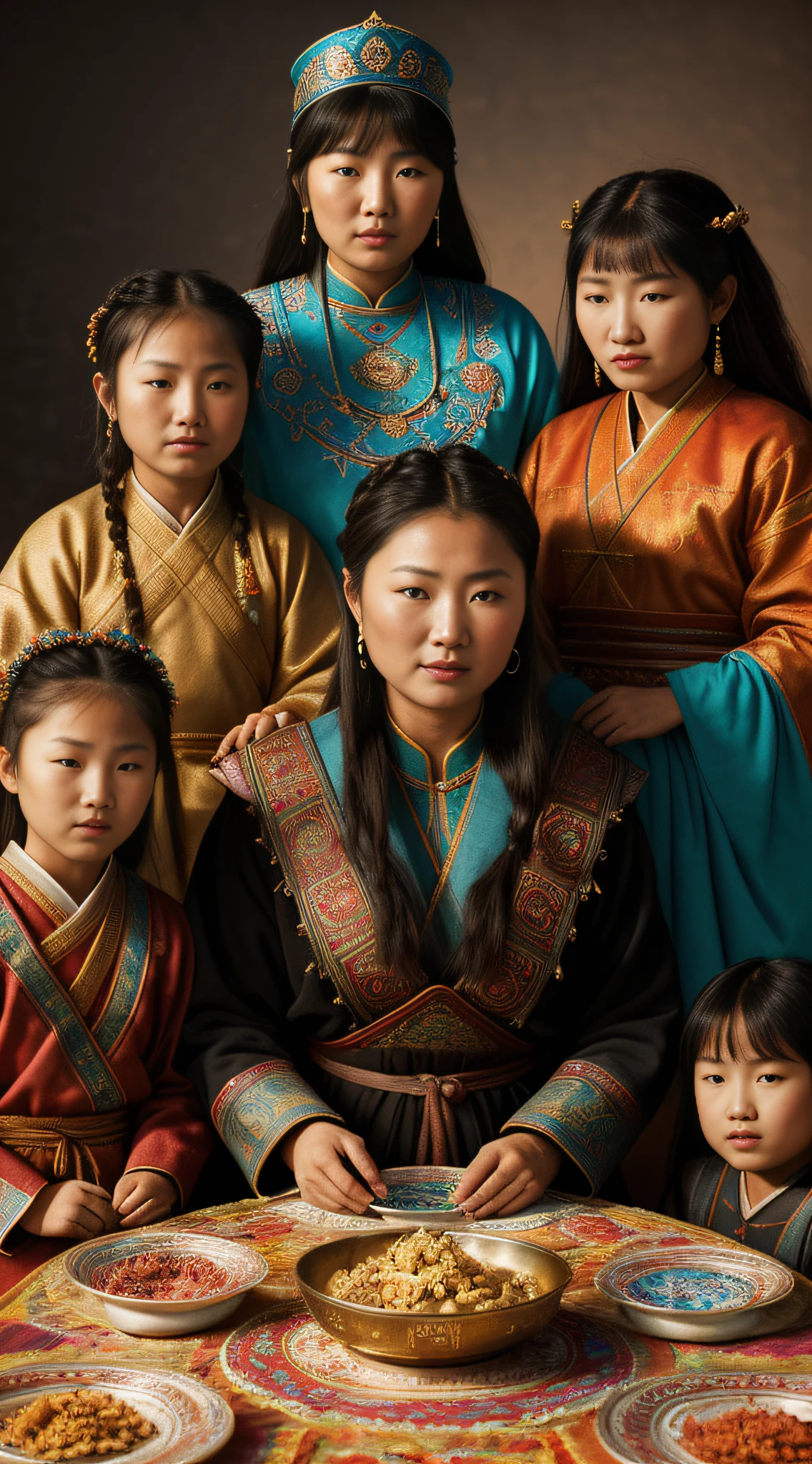 {Hoelun, a mãe de Gengis Khan, com seus quatro filhos pequenos, tudo em trajes tradicionais e robustos da Mongólia do século 13}, Estilos de arte: arte digital moderna, Inspirações artísticas: Greg Rutkowski, Câmera: 35mm, tomada: panorâmico, Renderizar informações relacionadas: (cores vivas:1.3), (alto detalhe:1.5), (iluminação de estúdio:1.2), (Ultra HD:1.2)