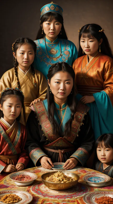 {Hoelun, the mother of Genghis Khan, with her four young children, all in rugged traditional 13th-century Mongolian attire}, Art...
