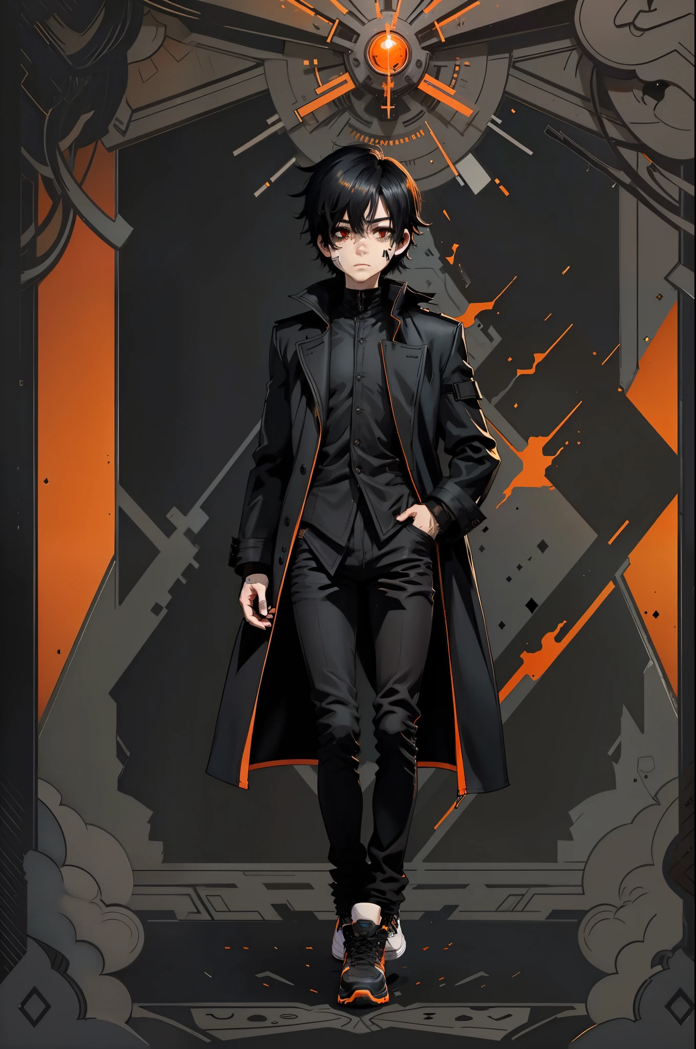 solo, male, five o'clock shadow, black tattered long coat, black dress shirt, black skinny jeans, black sneakers, glowing orange eyes, pale skin, shoulder-length hair, black hair,