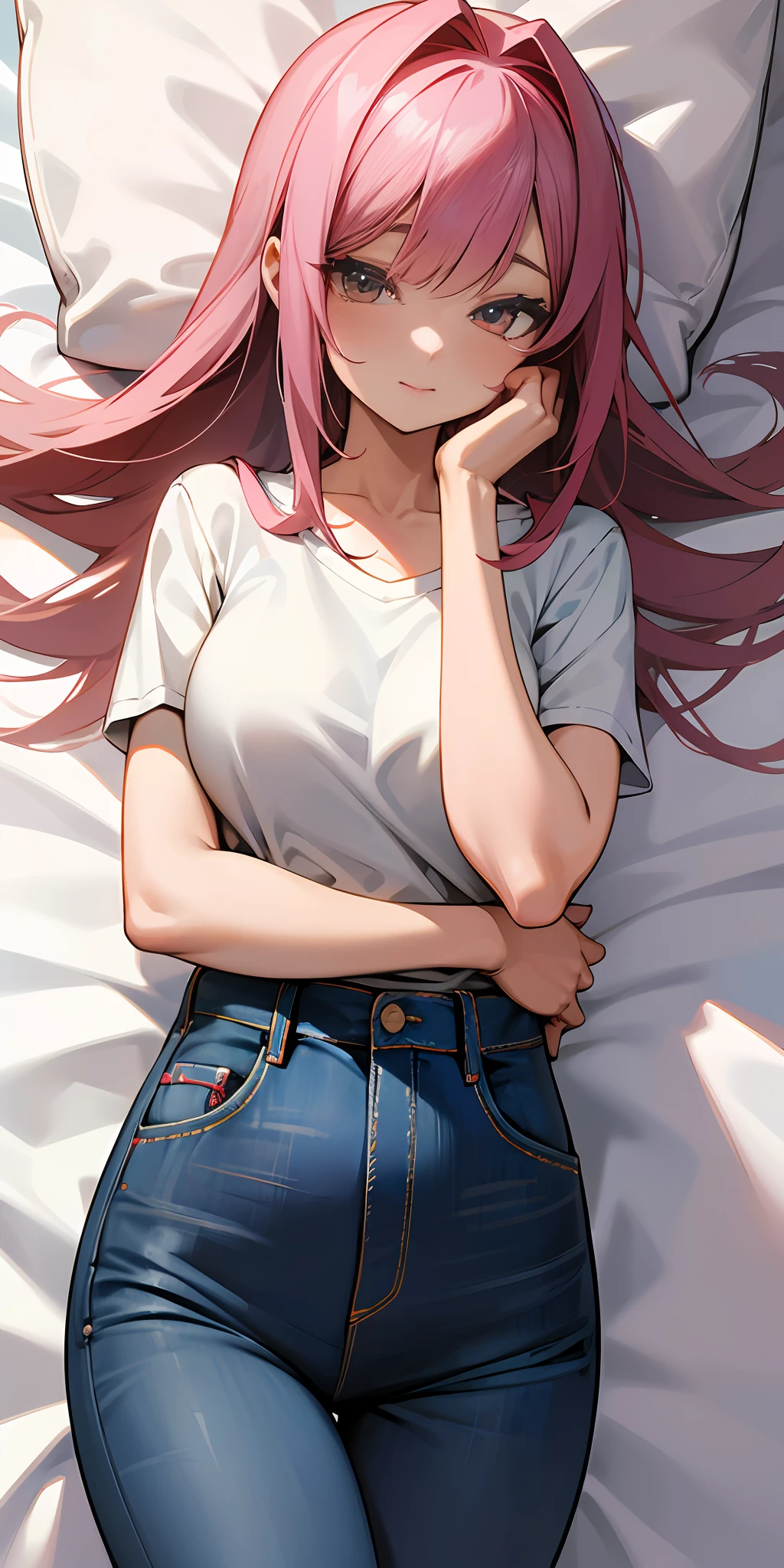 Anime girl laying in bed with her hand on her chin - SeaArt AI