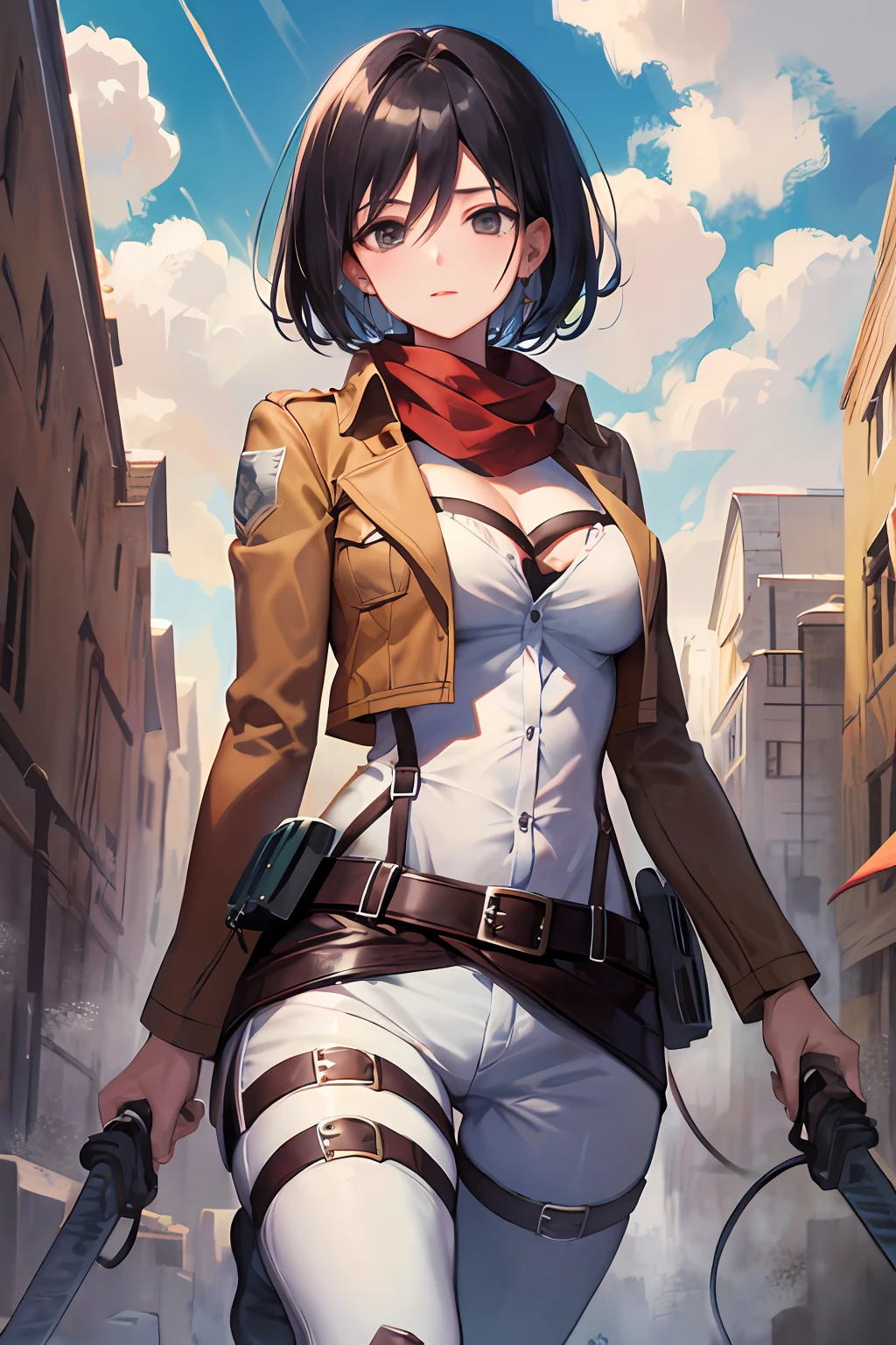 Mikasa, Meisterwerk der reifen Frau, beste Qualität, highres, kurzes Haar, schwarze Augen, Schal, Emblem, belt, Oberschenkelgurt, red Schal, weiße Hosen, braune Jacke, lange Ärmel,Taste, Dekollete, große Brust hält Waffe, Schwert, beidhändiges Führen, dreidimensionales Manövergetriebe, Arme ausbreiten, Auf einem Bein stehen, Weitwinkelaufnahme, Himmel, höchste Qualität, hohe Auflösung.