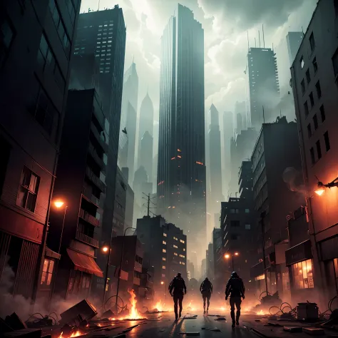 (intense tone, sinister atmosphere, immersive scene, nightmare inducing),(post-apocalyptic, abandon city, overrun by zombies), dynamic angle and dynamic pose, narrow and winding alleys, tall skyscrapers, gloomy and abandoned streets, graffiti on the walls,...