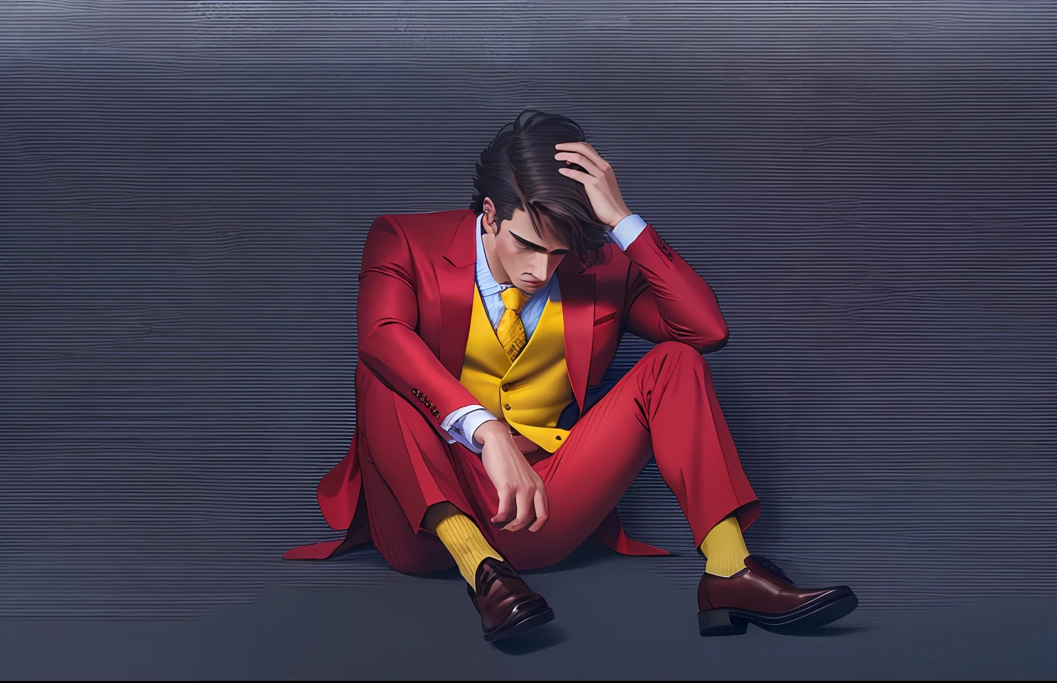 "Man with a realistic drawing style wearing a vibrant red suit and a yellow tie, with a sad expression and looking downwards, sporting a mullet hair."