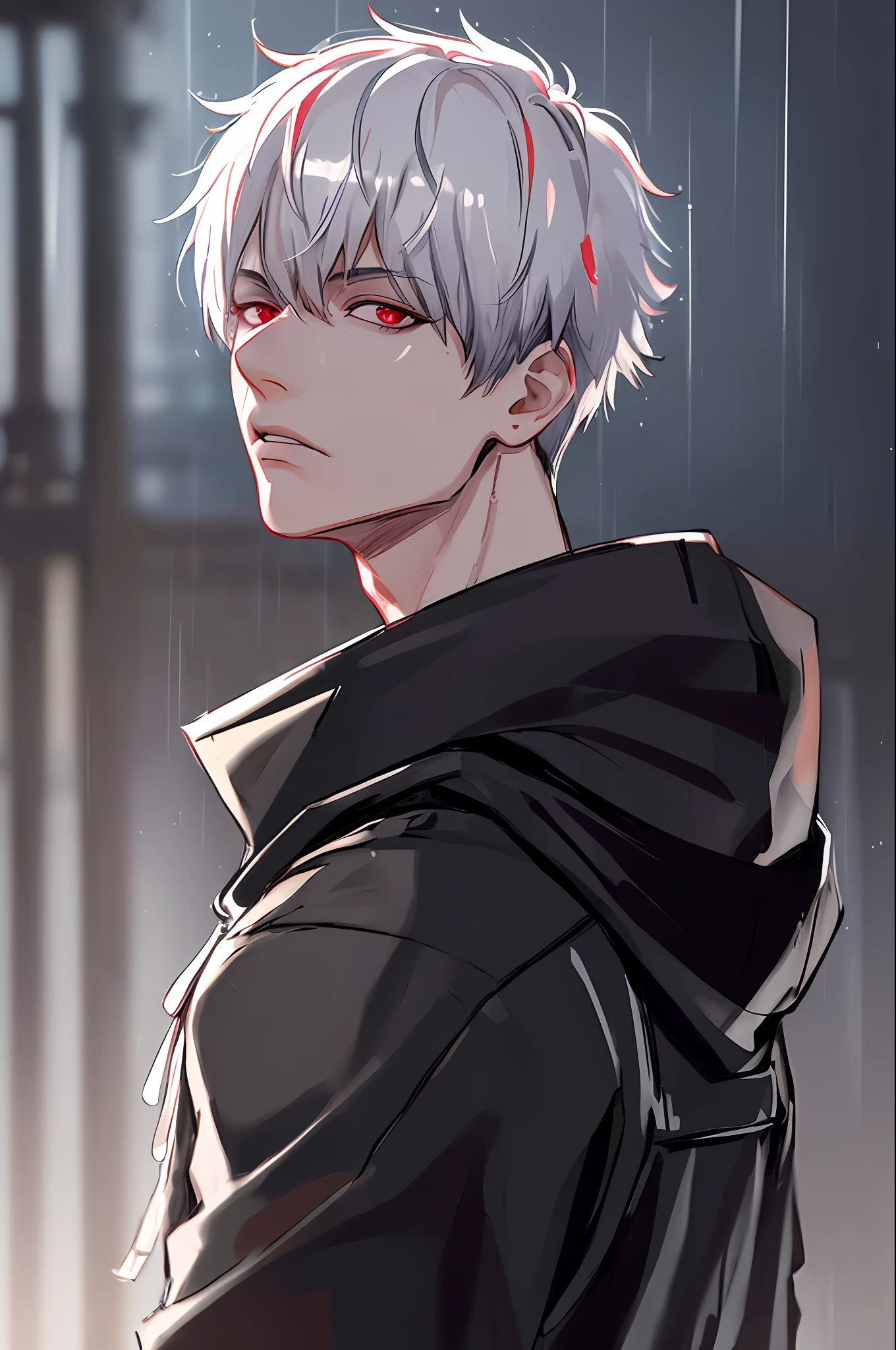 kk, best quality, more details, masterpiece, 1boy, kaneki ken, portrait, male focus, red eyes, solo, bangs, looking at viewer, hood, short hair, rain, tokyo tokyo \(city\),  hood up, nail polish, white hair, luxurious, 8k, detailed, ray tracing, depth of field, cinematic lighting,