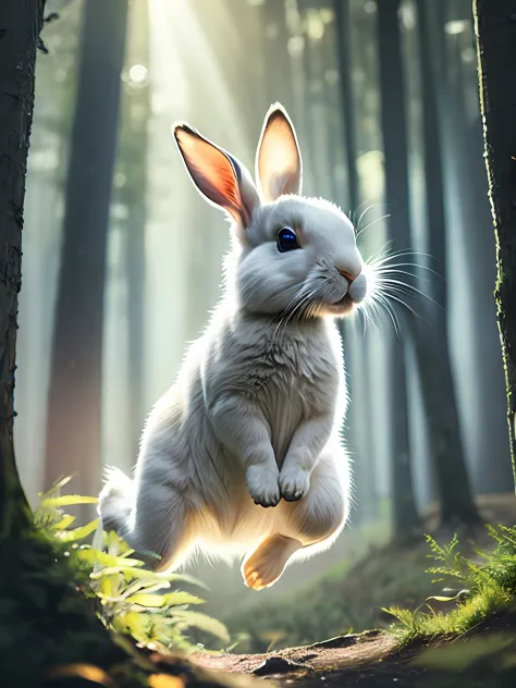 close up photo of a very cute jumping rabbit white in the forest, soft volumetric lights, (backlit:1.3), (cinematic:1.2), intricate details, (ArtStation:1.3), Rutkowski