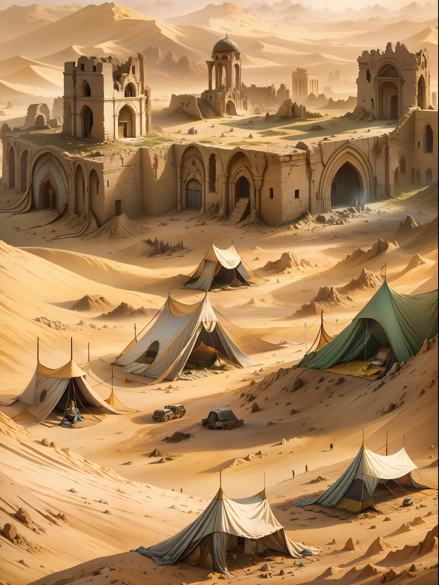 The ruins of the once majestic city of magicians. Around the desert and sand dunes, He covered the destroyed stones and filled the tower, leaving only a small part of it on the surface. Nearby you can see the black gaping entrance deep into the ruins. Near the entrance there is a small tent camp, Next to the tents are boxes and tables. Near one of the tents you can see a dried, bloody footprint, going deep into the tent