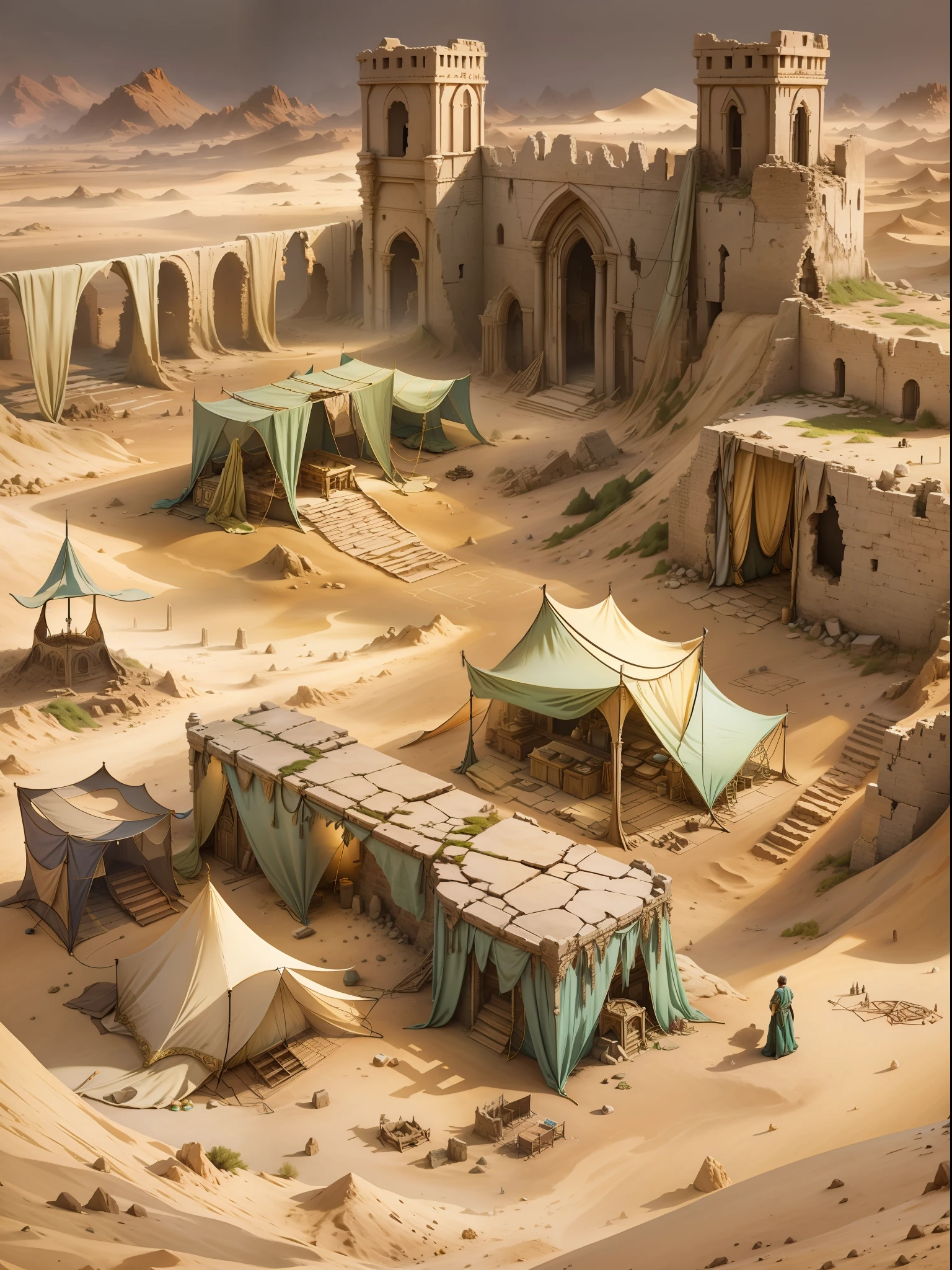 The ruins of the once majestic city of magicians. Around the desert and sand dunes, He covered the destroyed stones and filled the tower, leaving only a small part of it on the surface. Nearby you can see the black gaping entrance deep into the ruins. Near the entrance there is a small tent camp, Next to the tents are boxes and tables. Near one of the tents you can see a dried, bloody footprint, going deep into the tent