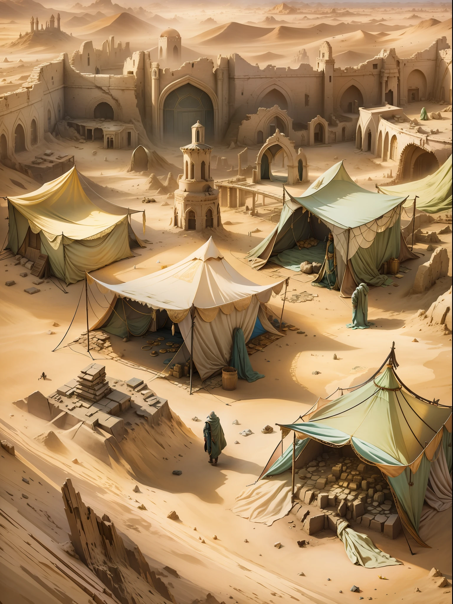 한때 위대했던 마술사의 도시의 폐허. 사막과 모래 언덕 주변, 무너진 돌을 덮으시고 망대를 가득 채우셨느니라, 표면에 아주 작은 부분만 남기고. 근처에서 폐허 깊은 곳으로 들어가는 검은 입구를 볼 수 있습니다.. 입구 근처에는 작은 텐트 캠프가 있습니다., 텐트 옆에는 상자와 테이블이 있습니다.. 텐트 근처에서 말린 것을 볼 수 있습니다., 피묻은 발자국, 텐트 속으로 깊숙히 들어가다