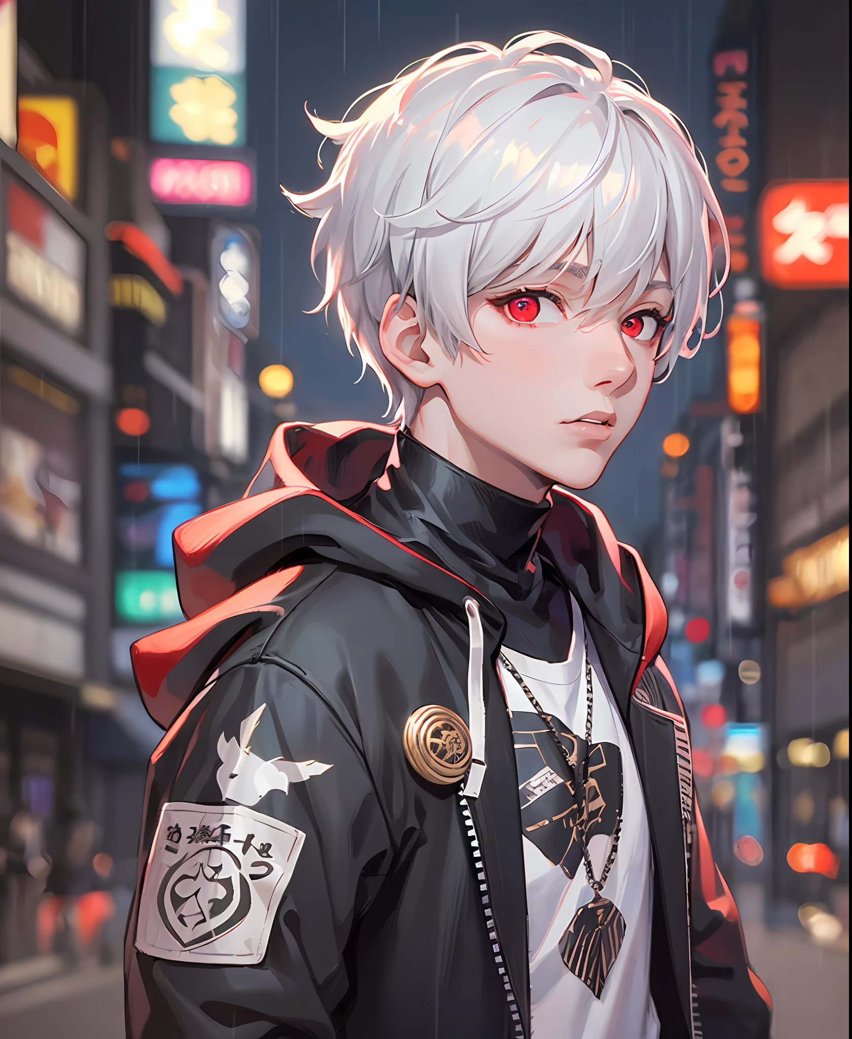 kk, best quality, more details, masterpiece, 1boy, kaneki ken, portrait, male focus, red eyes, solo, bangs, looking at viewer, hood, short hair, rain, tokyo tokyo \(city\),  hood up, nail polish, white hair, luxurious, 8k, detailed, ray tracing, depth of field, cinematic lighting,