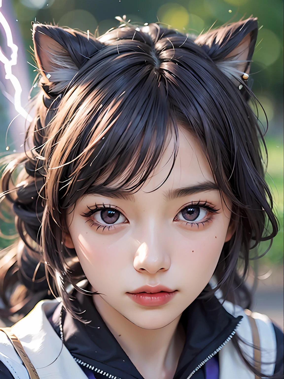 ​masterpiece、best qualtiy、the detail、depth of fields、A hyper-realistic、realistic face and eyes、realistic skin textures、电影灯光、ulzzang-6500、Tindall Effect、(looking at viewert)、The eyes see the audience。1 rapariga, 独奏, (frowned、Mouth closed), keqing_ \(genshin_impact\), purple_eyes, Purple hair, double tails, sharp eye, serious faces, gloves, plein air, Purple lightning, cat, half,chibi,a sailor suit、hi-school girl、long lashes、lower eyelashes。、Lots of piercings、The tattoo、bangle、short bangs、quill、Sprinkle paint、colourfull