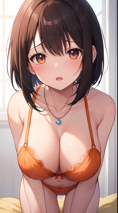 great masterpiece、Super delicate、1girl in、bob cuts、in one's underwear only、Orange lingerie、a necklace、large full breasts、all-fours、to close range、proximity、Kamimei、Looking up at me、red blush、Embarrassing、Troubled face、Slightly open mouth、