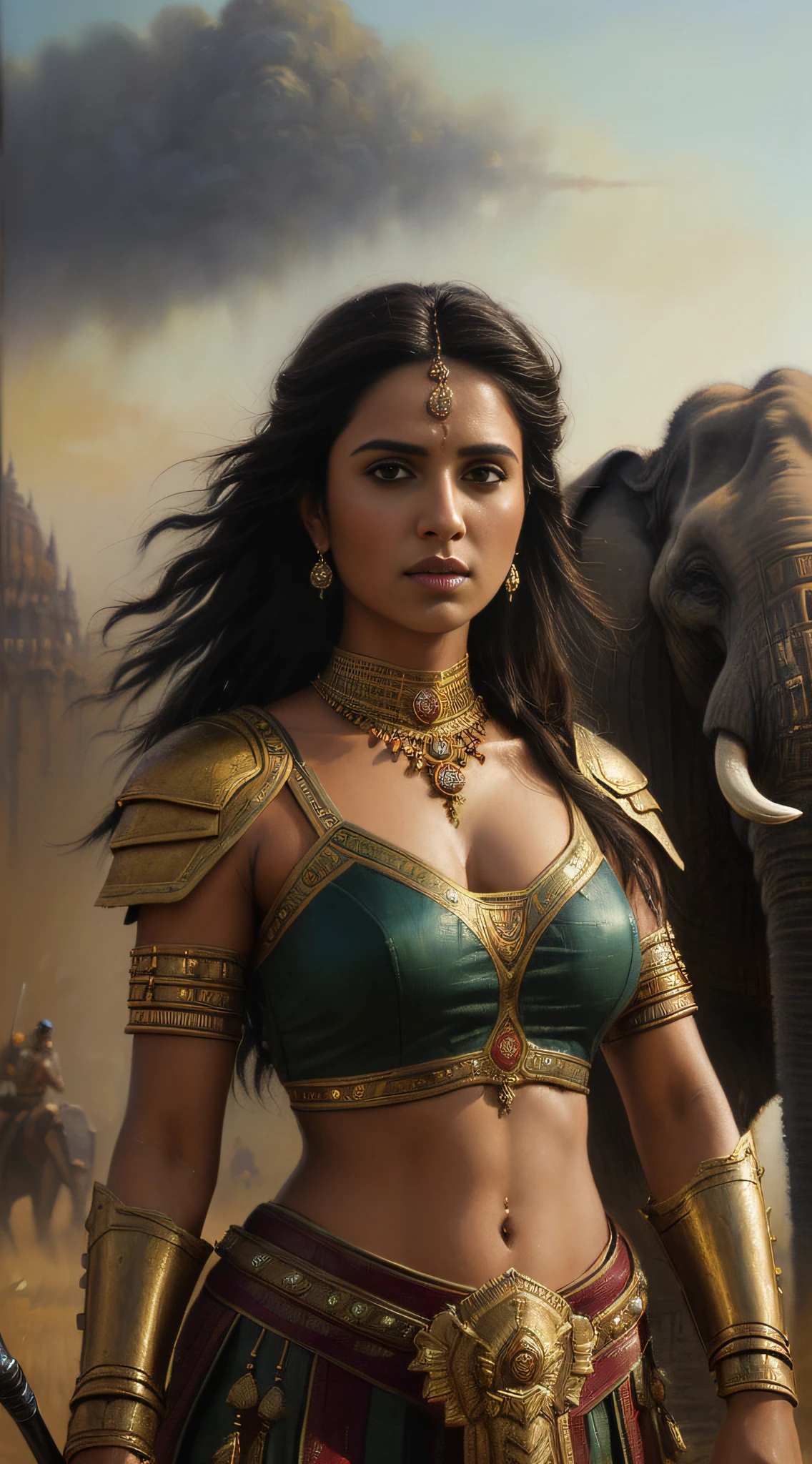 (masterpiece, best quality, oil painting, Greg Rutkowski style:1.4), Rani Durgavati, intense gaze, (bejeweled traditional armor:1.1), wielding a mighty bow, battlefield backdrop, Gondwana warriors, charging elephants, dusky sky, rich texture, dynamic brushwork, warm colors, determined, extreme close-up.