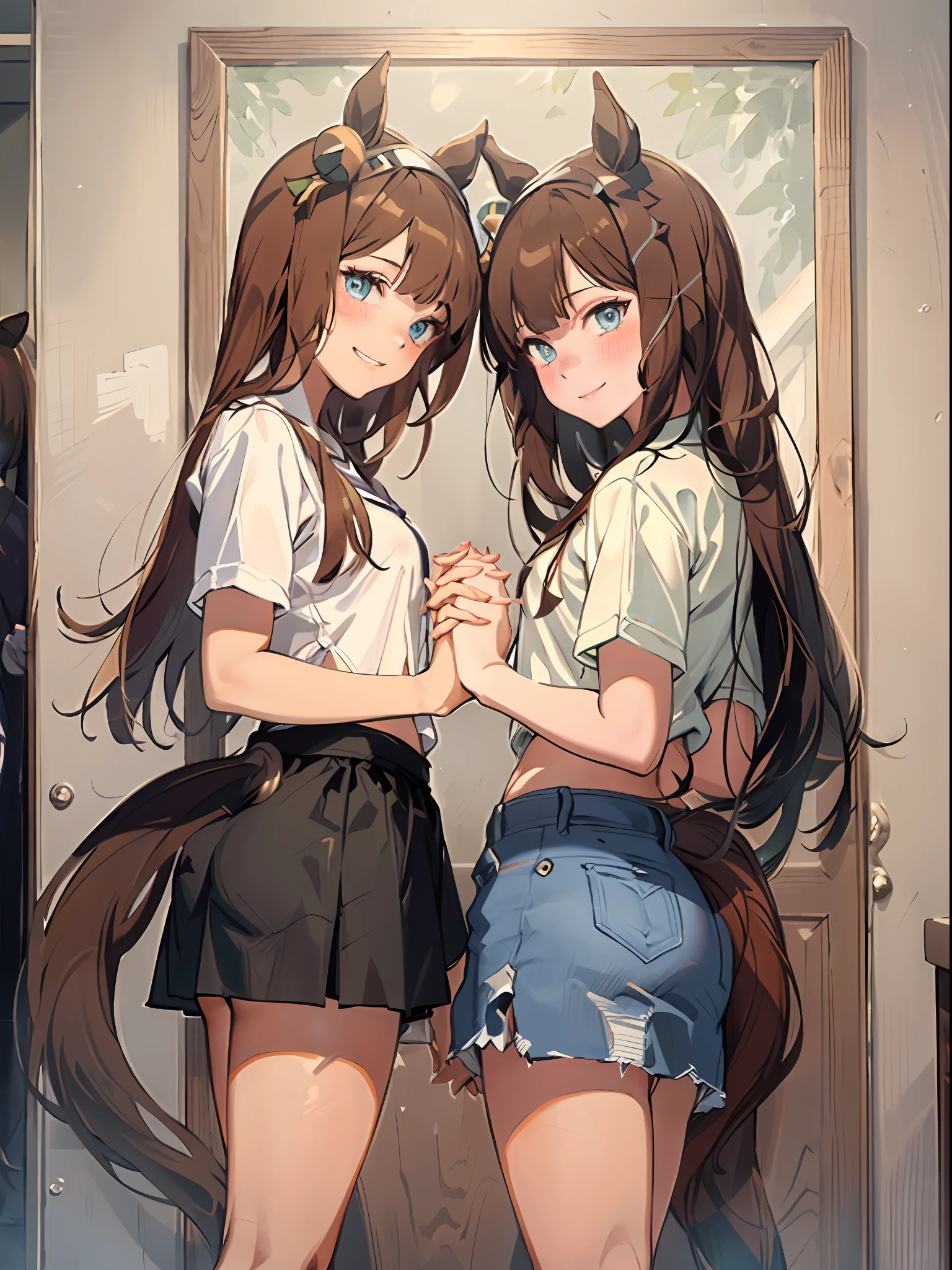 topquality, Horse Girl, Quiet Suzuka, ((Uma Musume))), Perfect skin, realisic skin, Detail Skin, 8K, (((2 girls:1.4))) (tail on the lower back), Two girls standing side by side, Holding hands , ssmile, laughter, Rest your hand, (There are two girls in the frame), Perfect body study, High-quality legs, Girls have different appearances