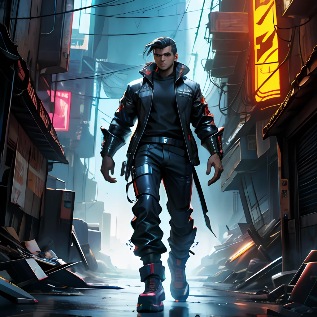 A 20 year old man, shorth hair, brown skin color, cyberpunk, full body photo.