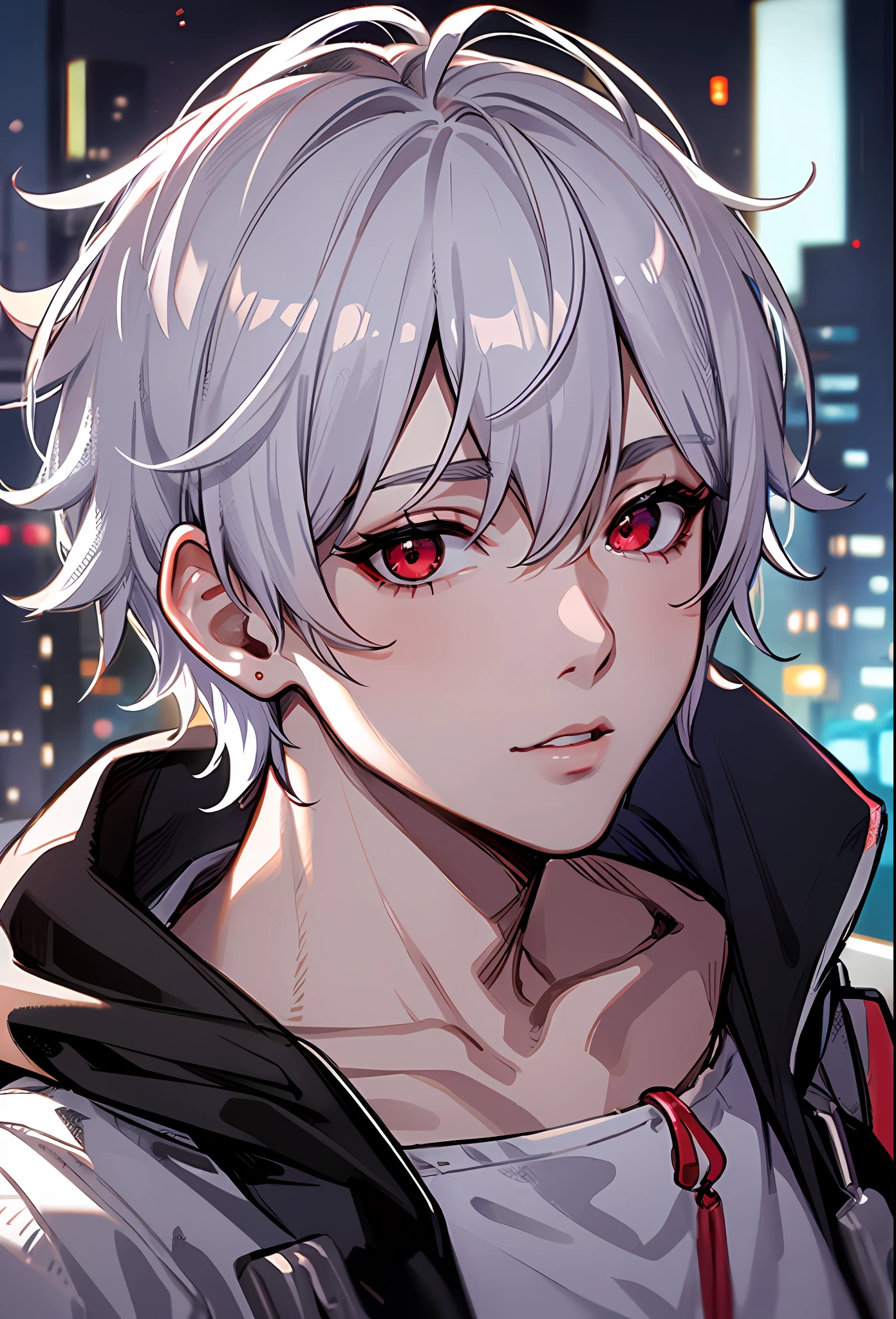 beste-Qualit, More Details, tmasterpiece, 1boy, kaneki ken, portraite of a, male focus, red-eyes, 独奏, combed hair back, looks at the viewer, hood, Short Hair Hair, Sateen, Tokyo Tokyo \(The city\), hood up, nail polishing, white colored hair, luxurious, 8K, Detailed, ray traced, Depth of field, 电影灯光,