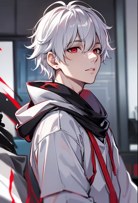 beste-Qualit, More Details, tmasterpiece, 1boy, kaneki ken, portraite of a, male focus, red-eyes, 独奏, combed hair back, looks at the viewer, hood, Short Hair Hair, Sateen, Tokyo Tokyo \(The city\), hood up, nail polishing, white colored hair, luxurious, 8K...