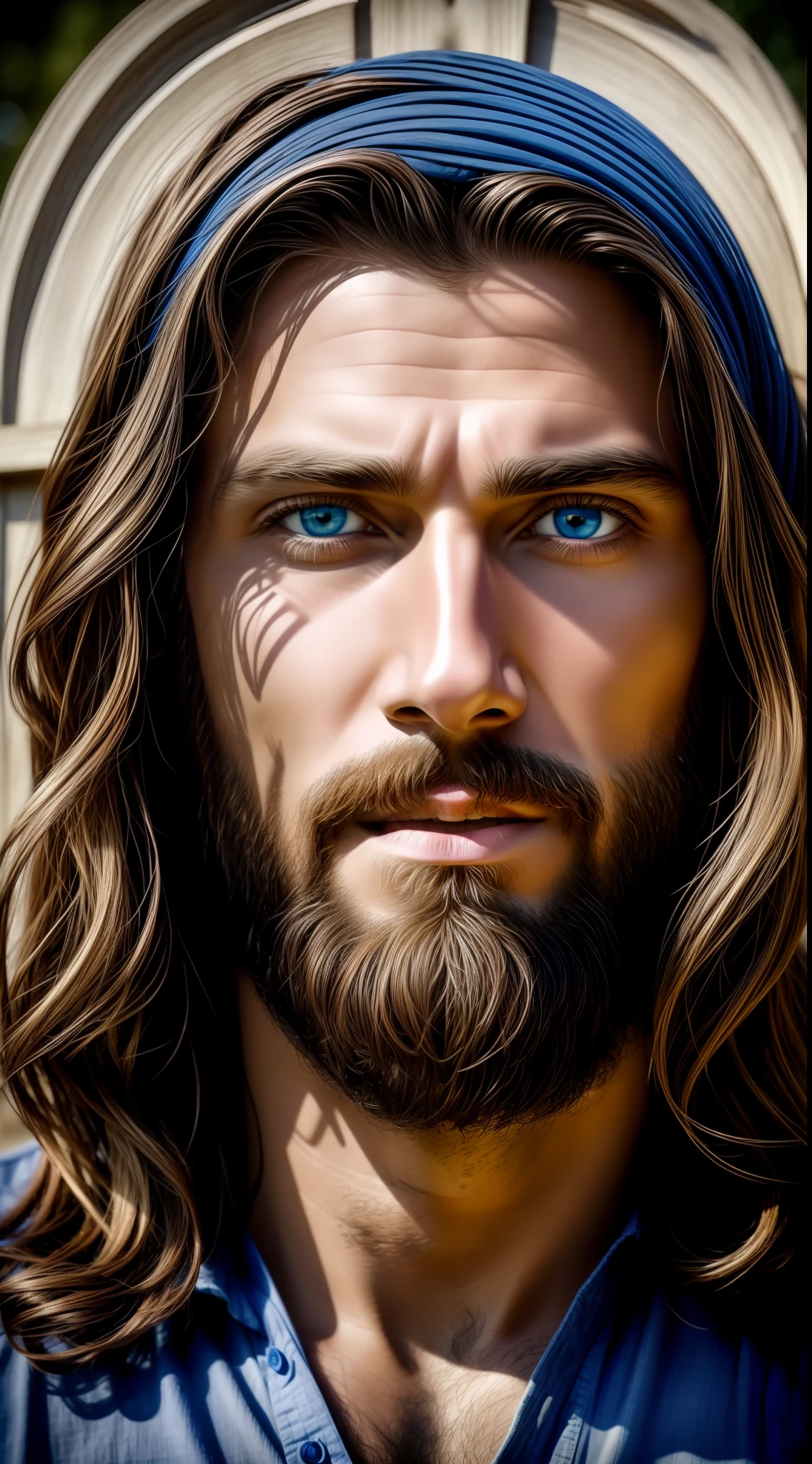 Portrait of a handsome man, Jesus Christ, real blue eyes, sunny day, intricate details.