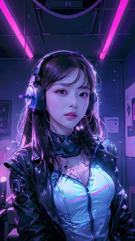 ((Best Quality)), ((Masterpiece)), (Very Detailed: 1.3), dark room, beautiful cyberpunk woman, wearing headphones, dynamic compo...