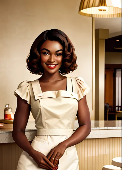 1950s style,portrait face photo of  aprild beautiful woman with bronzed chocolat color skin, a beautiful waitress from the 1950s...