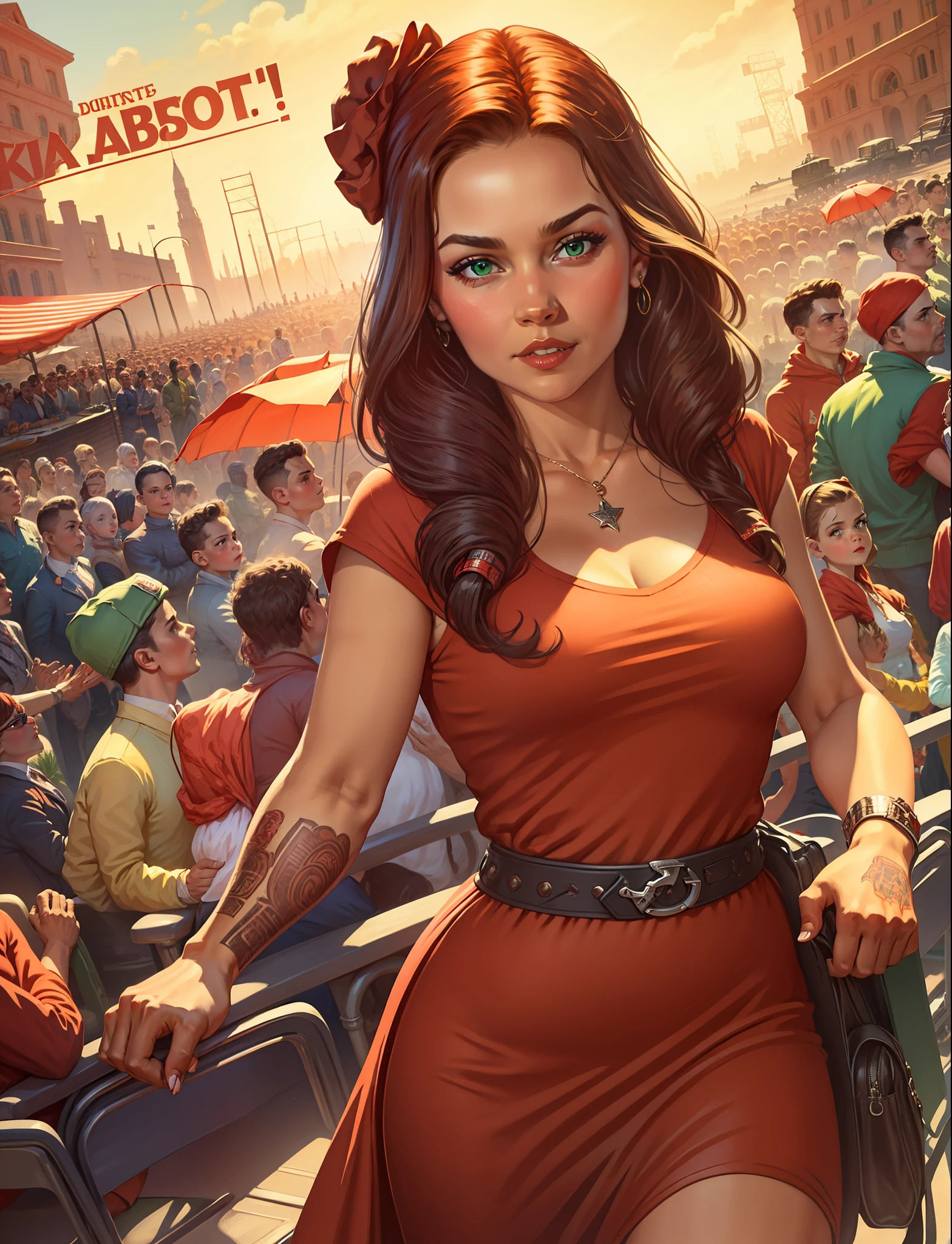 official art, unity 8k wallpaper, ultra detailed, aesthetically pleasing, High quality, masterpiece, best quality, a girl ( beautiful girl) in red black shirts standing in a crowd, music video, Mexcican mafia, gang members, rapping, gangs, hip-hop, hip - hop, street gang, thug life, gang, lowrider life style, gansters glamorous and sexy, red hair, beautiful face, green eyes, sexy pose, best quality beautiful face