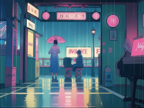 Amidst rain-soaked streets, colorful umbrellas dot the cityscape with splashes of blues and pinks. The retro-style neon signs re...