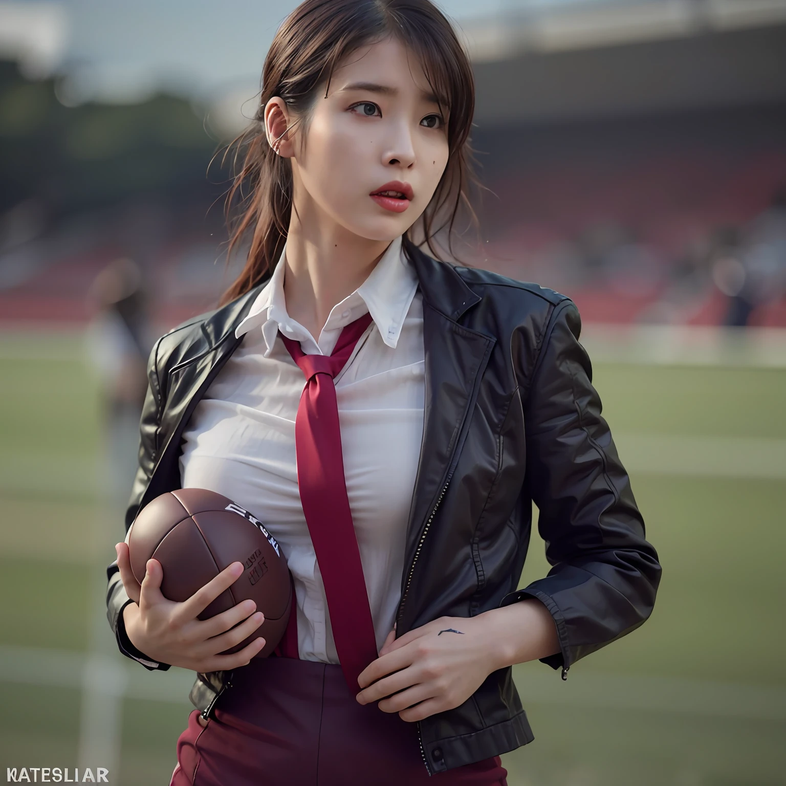 nikon RAW photo,8 k,Fujifilm XT3,photorealistic,realistic, solo, photorealistic, best quality, ultra high res, (skin spots:0.1) hot expression, , standing against a soccer field, woman football tight sexy suit, football lady clothes, masterpiece, best quality, extremely detailed face, perfect lighting, solo,1girl, sexy sight best quality, ultra high res, photorealistic, ultra detailed, masterpiece, best quality, iu1, tiny nice butt, photoshoot