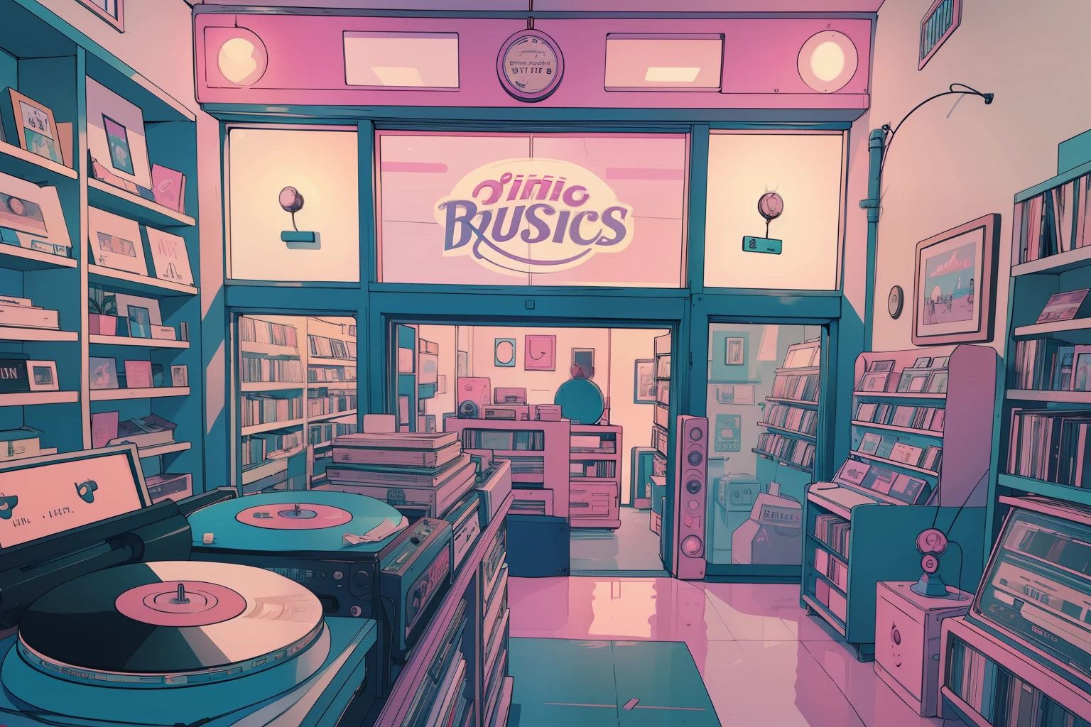 Dentro de una tienda de discos retro, tonalidades pastel de azules y rosas crean un ambiente nostálgico. Distorsiones vintage de estilo VHS le dan a la escena un encanto lofi. El aire se llena con los ricos sonidos de los discos de vinilo que tocan melodías clásicas. Los clientes buscan entre los estantes, descubriendo joyas musicales escondidas, convirtiendo la tienda de discos en un santuario de la felicidad musical