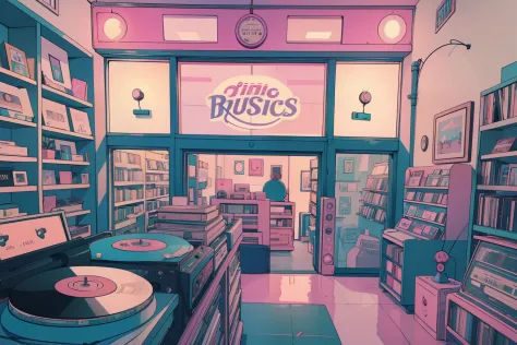 Inside a retro record store, pastel hues of blues and pinks set a nostalgic tone. Vintage VHS-style distortions give the scene a...