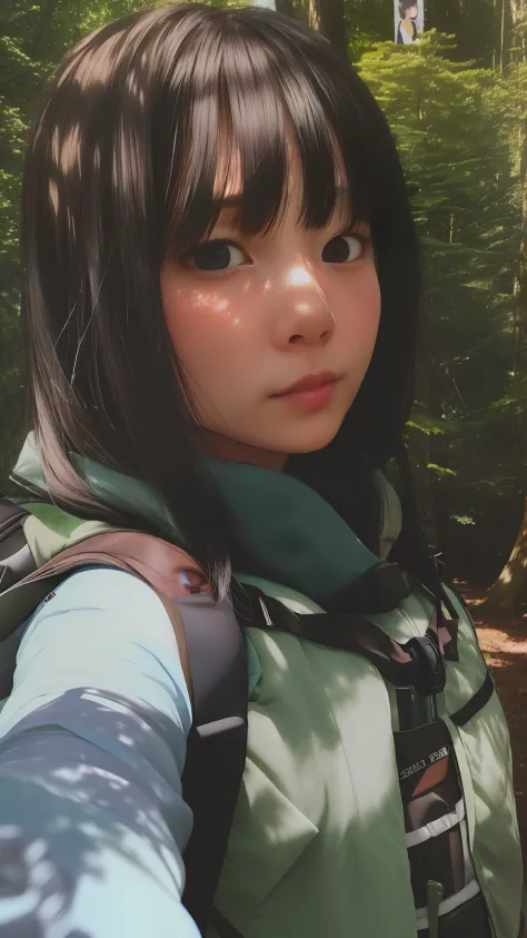arafed woman taking a selfie in the woods with a backpack, 🤤 girl portrait, selfie of a young woman, 8k selfie photograph, she h...