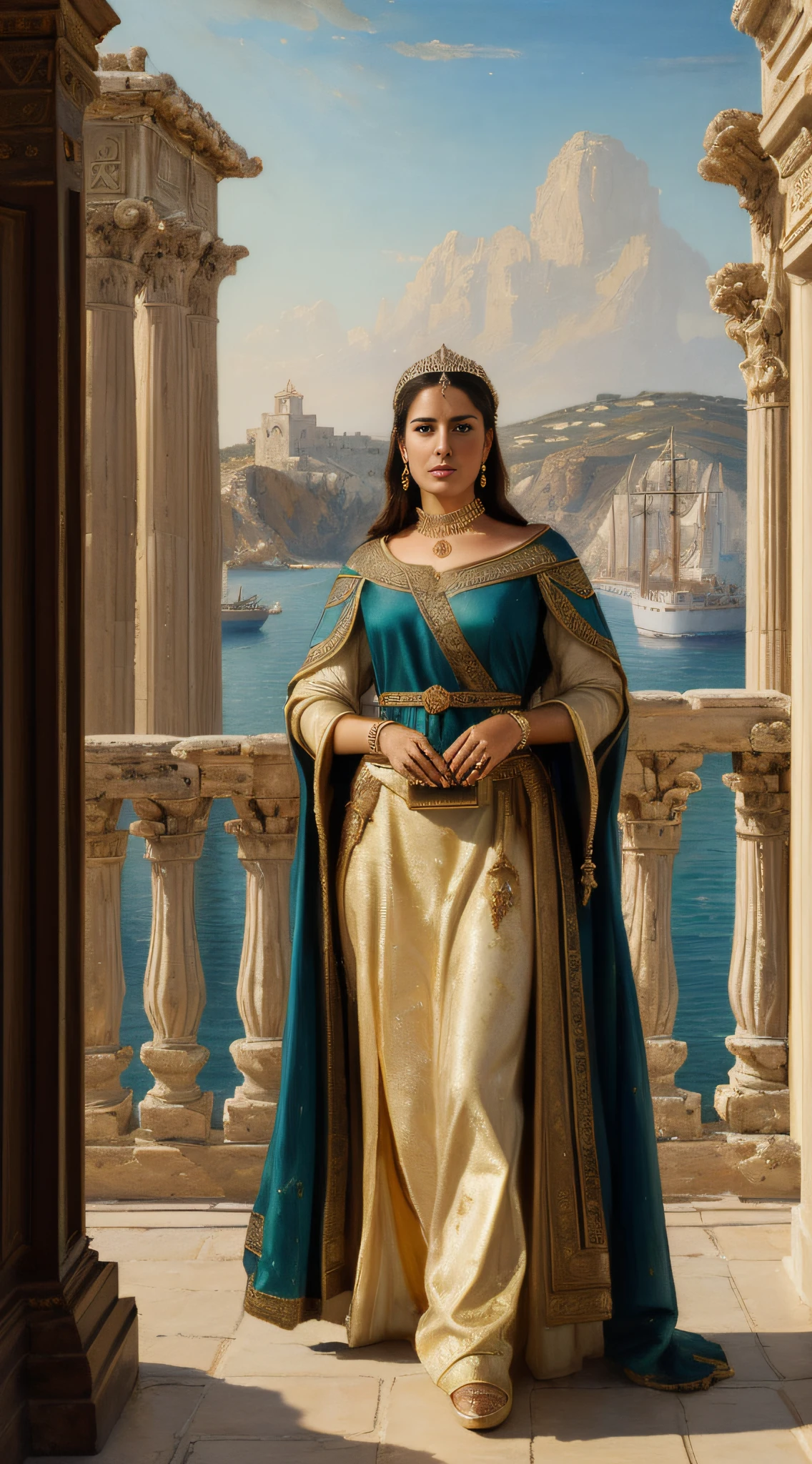 (masterpiece, high resolution, oil painting, Greg Rutkowski style:1.3), Artemisia I, (luxurious royal attire:1.2), confident gaze, 5th-century BC style jewelry, grand wooden warship in the background, Aegean Sea, bustling port of Caria, sunlight glinting, intense cool and warm colors, looking at viewer, powerful composition, full body view.