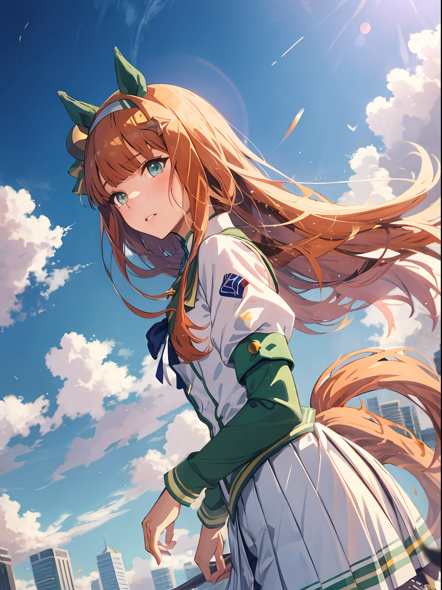 Qualité supérieure, fille cheval, Suzuka tranquille, ((Uma Musume))), peau parfaite, peau réaliste, Dequeue Skin, 8k, le corps parfait, pieds parfaits, queue, vêtements blancs avec des motifs dorés, jupe de plafond dorée, jupe blanche, ville ciel, des nuages, ciel bleu