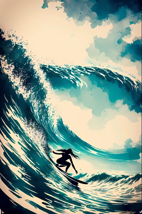 ink_style ,  a woman surfing