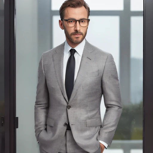 Realistic,  (masterpiece, best_quality:1.1), a man wearing glasses  standing in front of a glass door with a cross on it, zegna, Drop+7, Double vents, Notch lapels, Flap pockets, 2-button closure, Fully lined, Deconstructed, 100%+Wool, Grey, suits, young, wearing a undercloth and tie, oxford knot