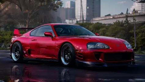 um close up de um carro esportivo vermelho estacionado em um estacionamento, corpo largo, toyota supra, daniel maidman octane re...