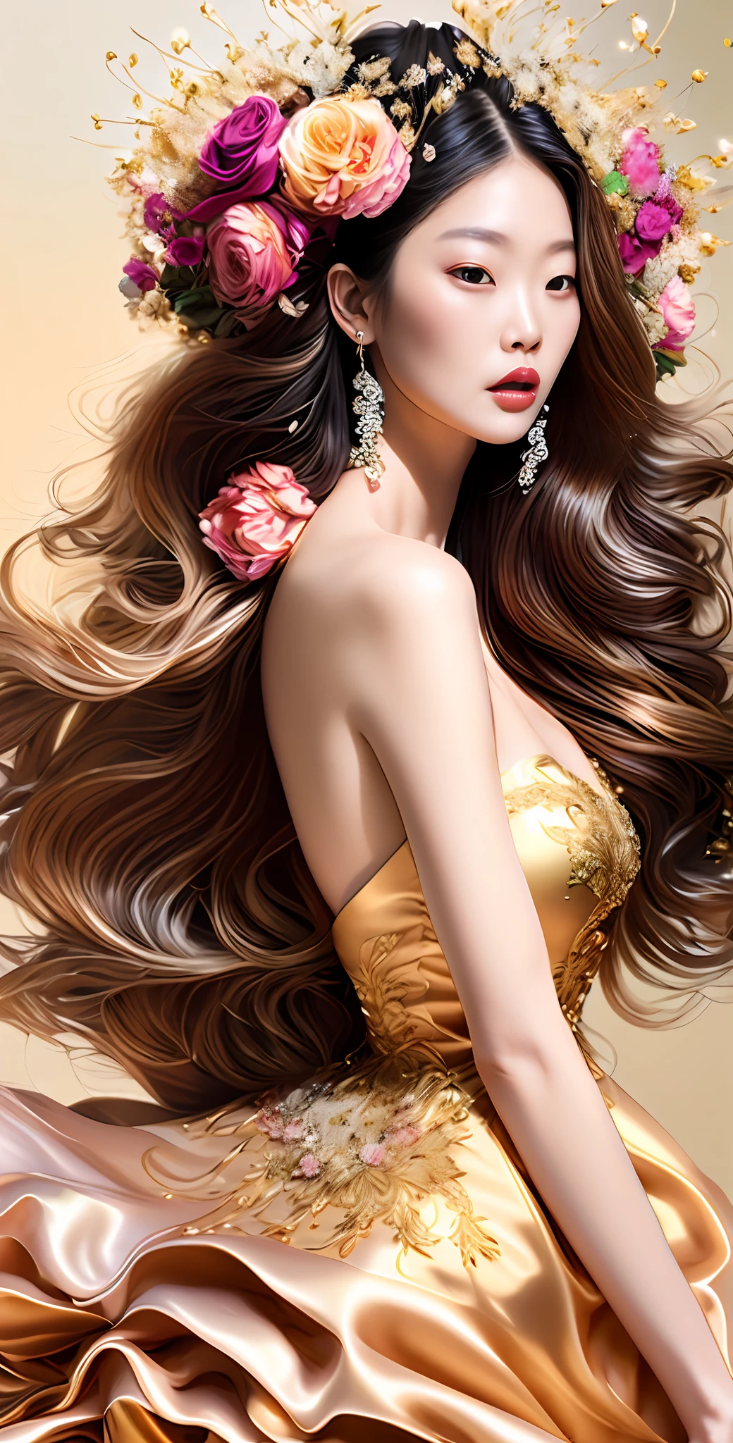 Дженни Ким,Фото (ФракталЖенский стиль:1) женщина в золотом платье, с цветами в твоих волосах, с солнцем на заднем плане, 4K
