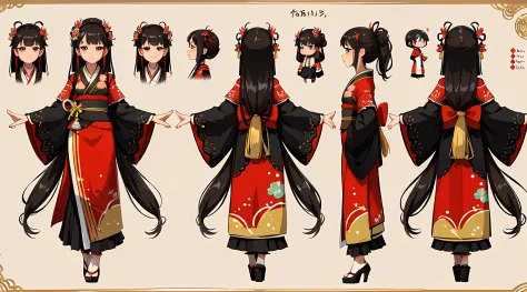 nnchibi, chibi, adorable, long hair, kimono, lace, full body, front view, back view, turn around, adoptable, adopt, character sheet, highly detailed