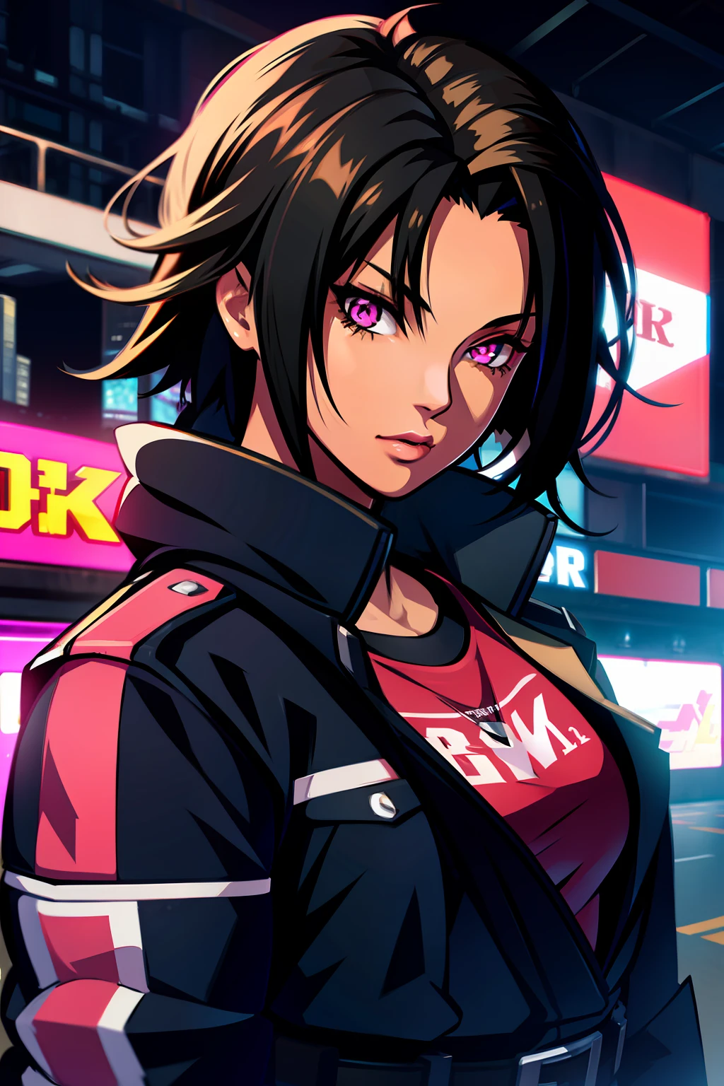 young woman. black hair, black letter jacket, pink eyes, in new york, highlights, 4k