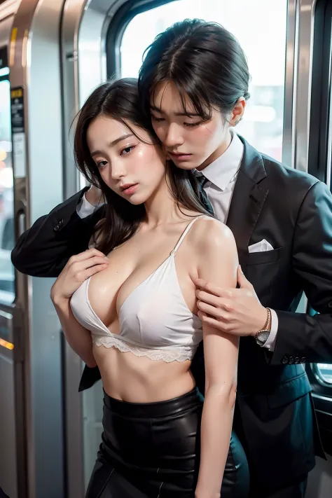 (in 8K、Raw photography、Highest Quality、realisitic、Photorealsitic、Professional Lighting、​masterpiece、extremely delicate and beautiful、Highly detailed、finely detail、ultra-detailliert、hight resolution、full-shot)、SFW、VERY crowded train detailed scenario、1girl ...