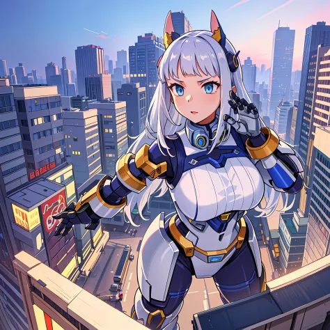 (detailed shaded pretty face), (1 girl), ((wide shot)), skin, silver hair, giantess, (mech suit:0.6), mechamusume, mecha, Citysc...