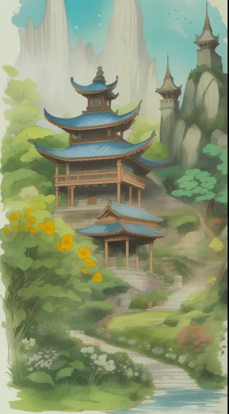 Sketch,ancient castle,garden,zen,illustration,colorful,ink painting