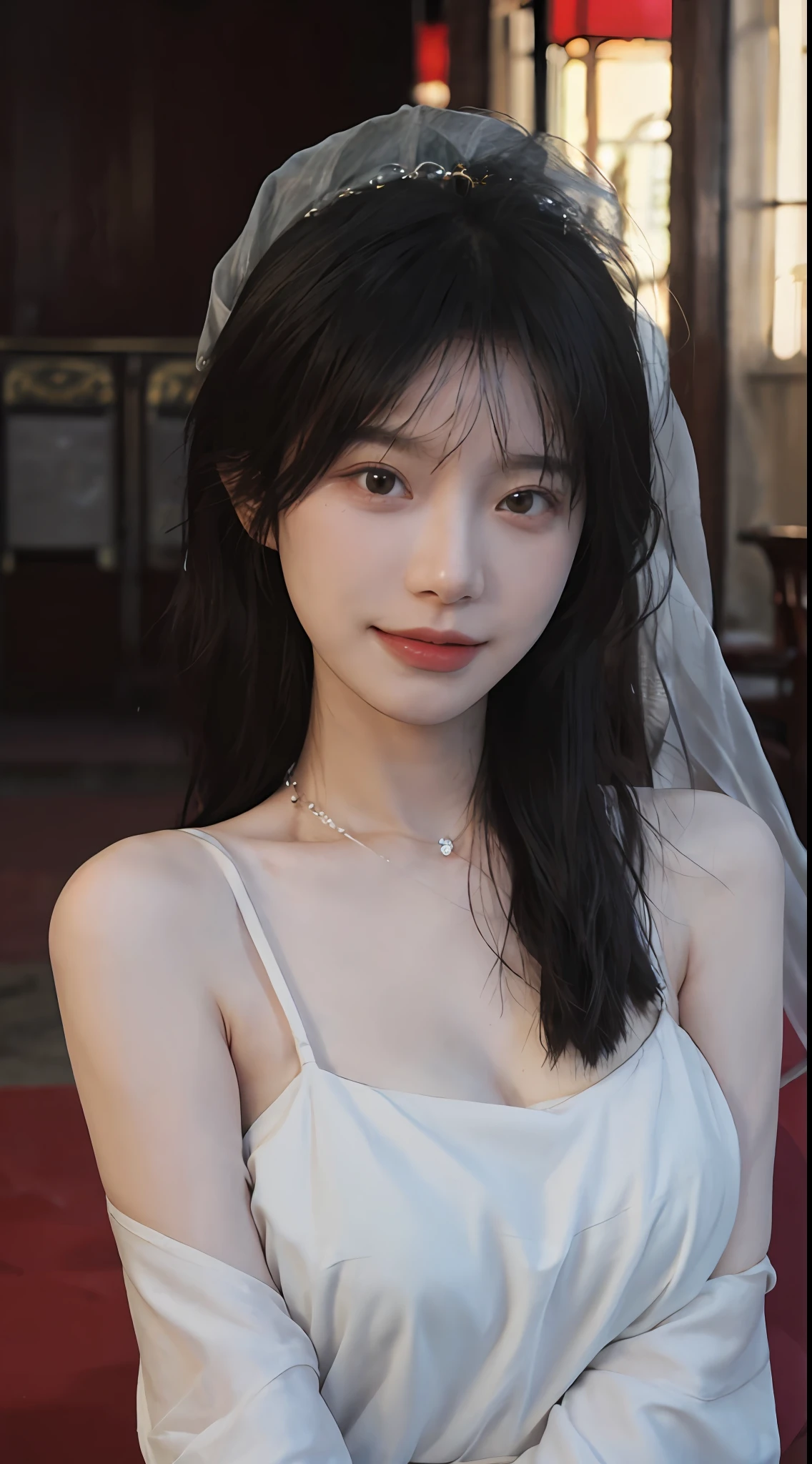 best qualtiy， Ultra-high resolution， （realisticlying：1.4），cute hairpin，Baoyu Girl，Stand in the wedding hall，Wearing a white wedding dress，（flatchest：1.2） ，A pair of clear and moving peach blossom eyes,Royal Sister，sunshine on face，Big wavy hairstyle，（choker necklace：1.2），（Fair skin：1.4），a sense of atmosphere，a beauty girl， ssmile，head straight-looking at viewer， closeup cleavage ，(Photorealistic:1.4),1girll,sexly,(Upper body:1.4),(Wet body),(:1.2)