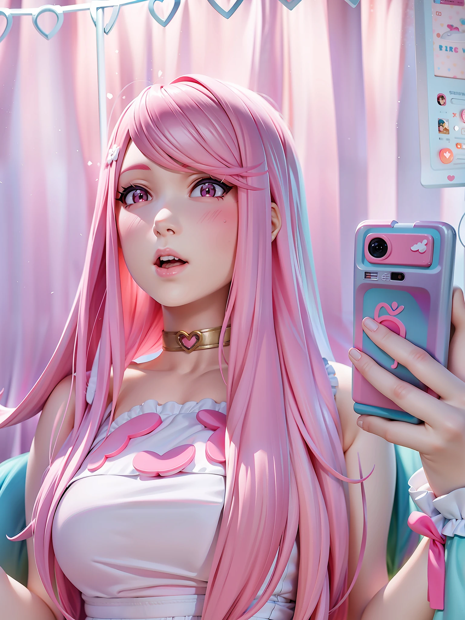 Anime girl with pink hair and blue eyes taking a selfie - SeaArt AI