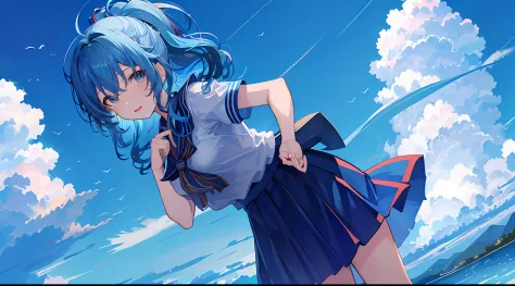 1girl in, extend your hand、skysky,natta、kamimei、gazing at viewer、blue-haired、pleated miniskirt