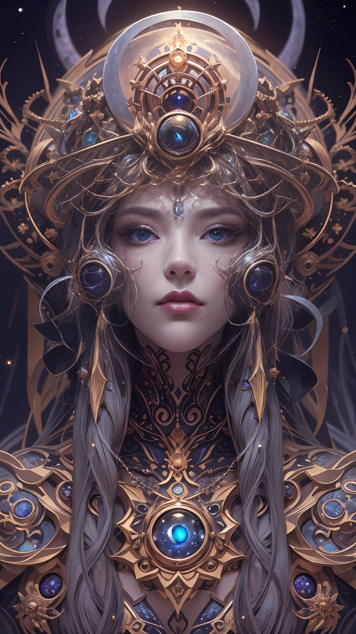 \ （best qualtiy，ultra - detailed，Most Best Illustration，Best shadow，tmasterpiece，A high resolution，professionalartwork，famousartwork），Detailed eyes，beautidful eyes，closeup cleavage，sci-fy，colored sclera，Robot eyes，face markings，Tattooed with，（fractalized，Fractal eyes），largeeyes，Wide eyes，（Eye focus），sface focus，Cosmic eyes，Space eyes，Close-up of metal sculpture of a woman with a moon in her hair，goddes。extremly high detail，3 d goddess portrait，Extremely detailed footage of the goddess，a stunning portrait of a goddess，goddess portrait，portrait of a beautiful goddess，goddess close-up portrait，hecate goddess，portrait of a norse moon goddess，goddess of space and time