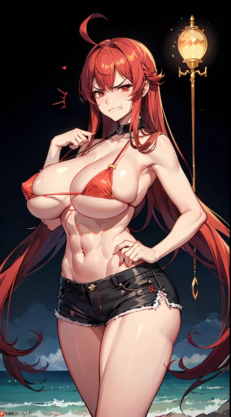 1 girl, tall woman:1, long hair, incandescent red hair, bulky body, red eyes, curvy:1, (big breasts:1.6) big ass:1.5), (wide hips:1.2) , thick thighs:1, slim waist:1, ripped abs:1, ((rude attitude)), ((evil grin:1.5)), piercing gaze, ((frown:1.5)), flushed...